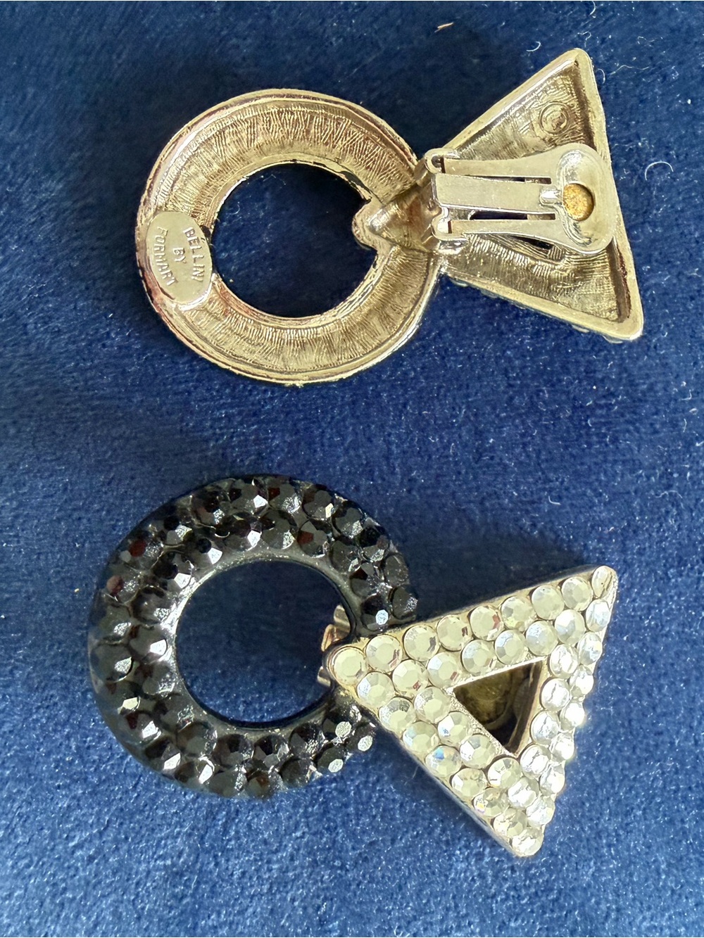 Vintage Signed Bellini by Formart Rhinestone Clip-On Earrings Geometric 1980s